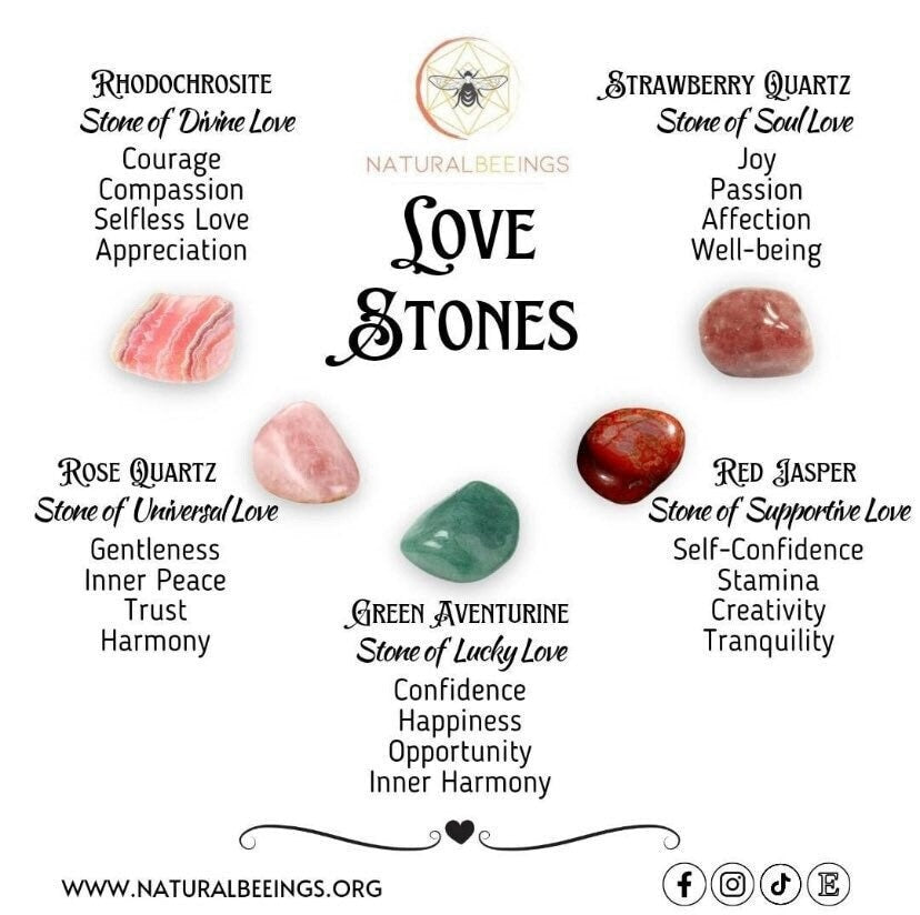 Love Stones Crystal Healing Set With Crystal Information Cards / Crystals for Manifesting and Attracting Love / Self-Love Crystals